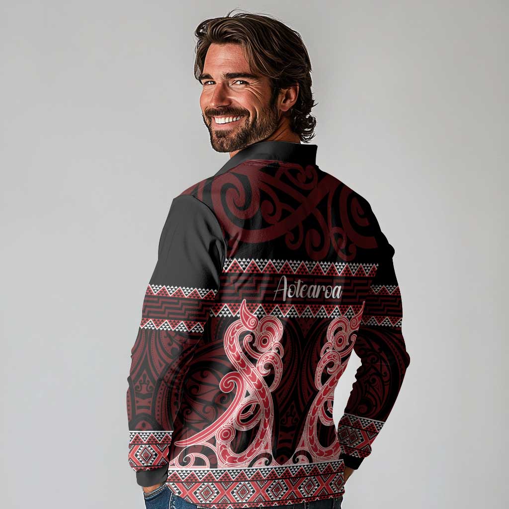 Kia Ora New Zealand Long Sleeve Polo Shirt Maori Language Week Whero Taniko Motif - Polynesian Pride