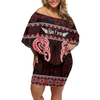 Kia Ora New Zealand Off Shoulder Short Dress Maori Language Week Whero Taniko Motif - Polynesian Pride