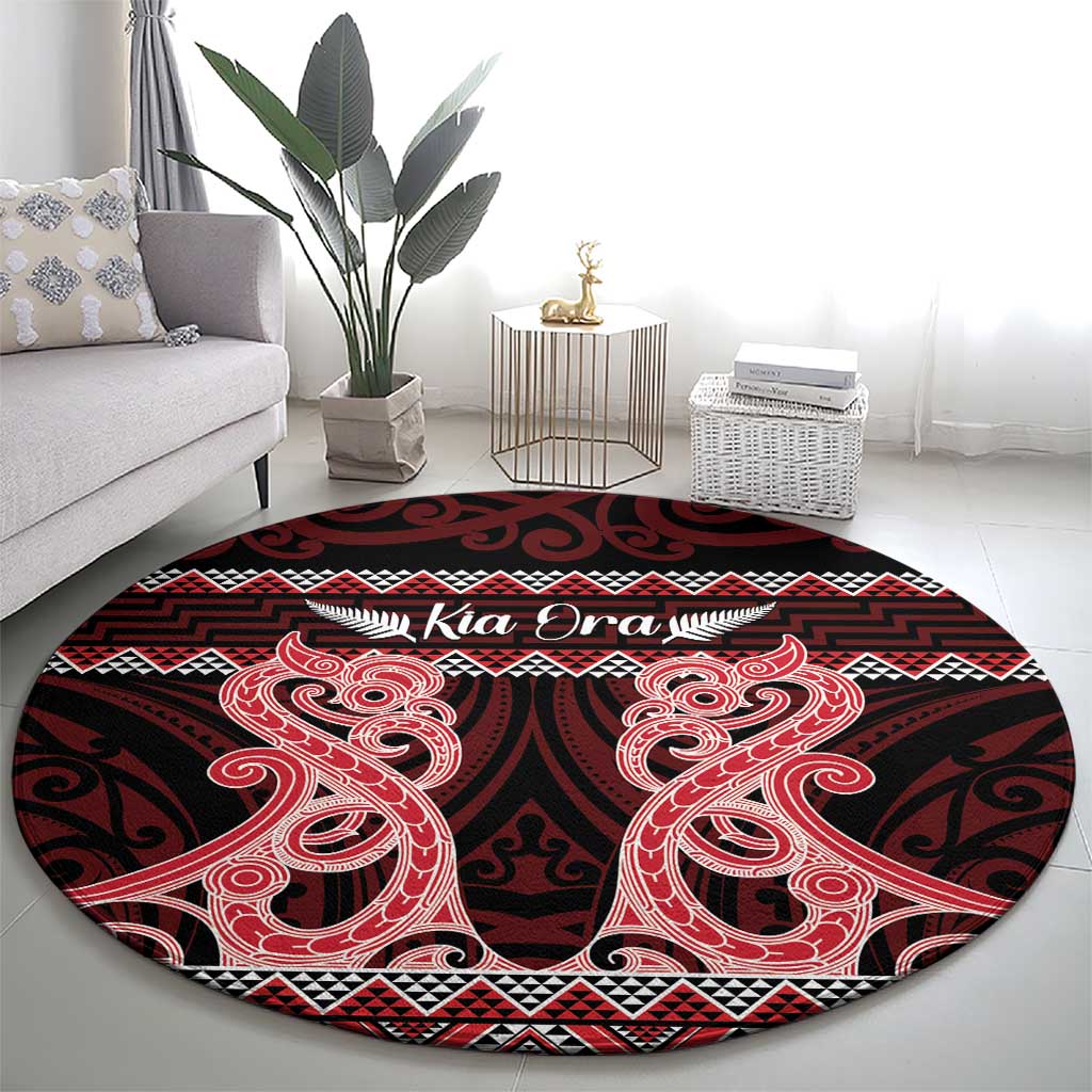 Kia Ora New Zealand Round Carpet Maori Language Week Whero Taniko Motif - Polynesian Pride