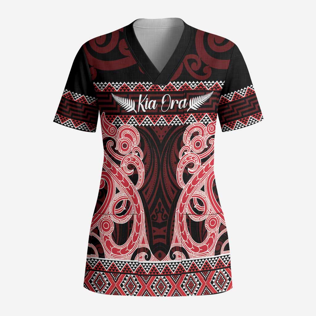 Kia Ora New Zealand Scrub Top Maori Language Week Whero Taniko Motif - Polynesian Pride