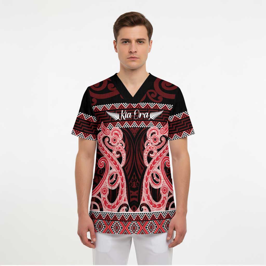 Kia Ora New Zealand Scrub Top Maori Language Week Whero Taniko Motif - Polynesian Pride