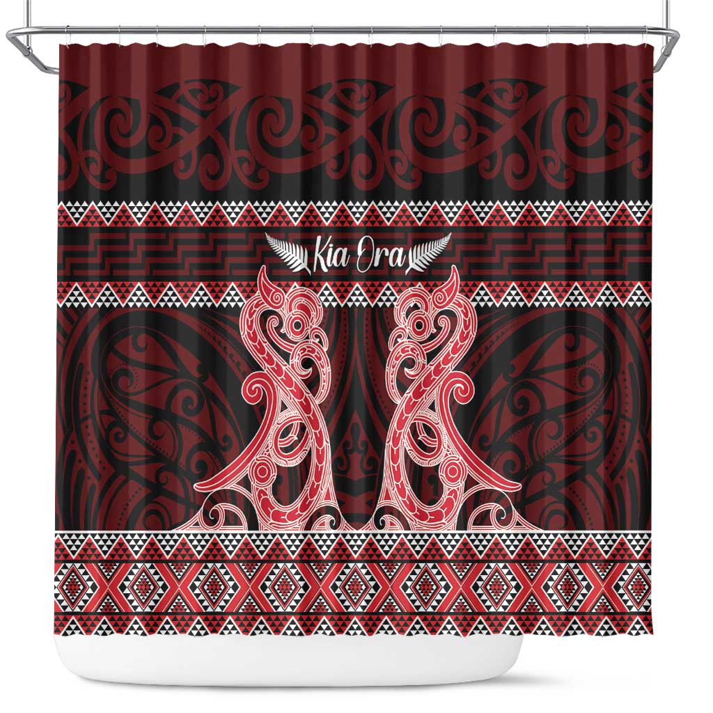 Kia Ora New Zealand Shower Curtain Maori Language Week Whero Taniko Motif - Polynesian Pride