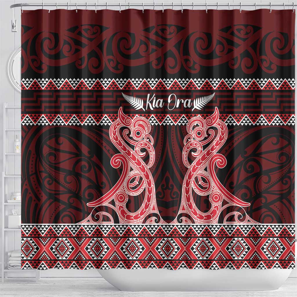 Kia Ora New Zealand Shower Curtain Maori Language Week Whero Taniko Motif - Polynesian Pride