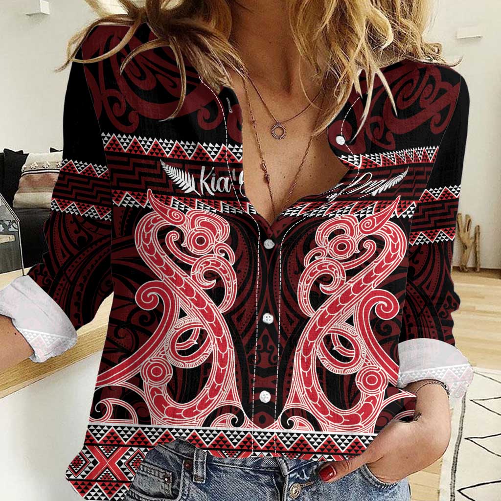 Kia Ora New Zealand Women Casual Shirt Maori Language Week Whero Taniko Motif - Polynesian Pride