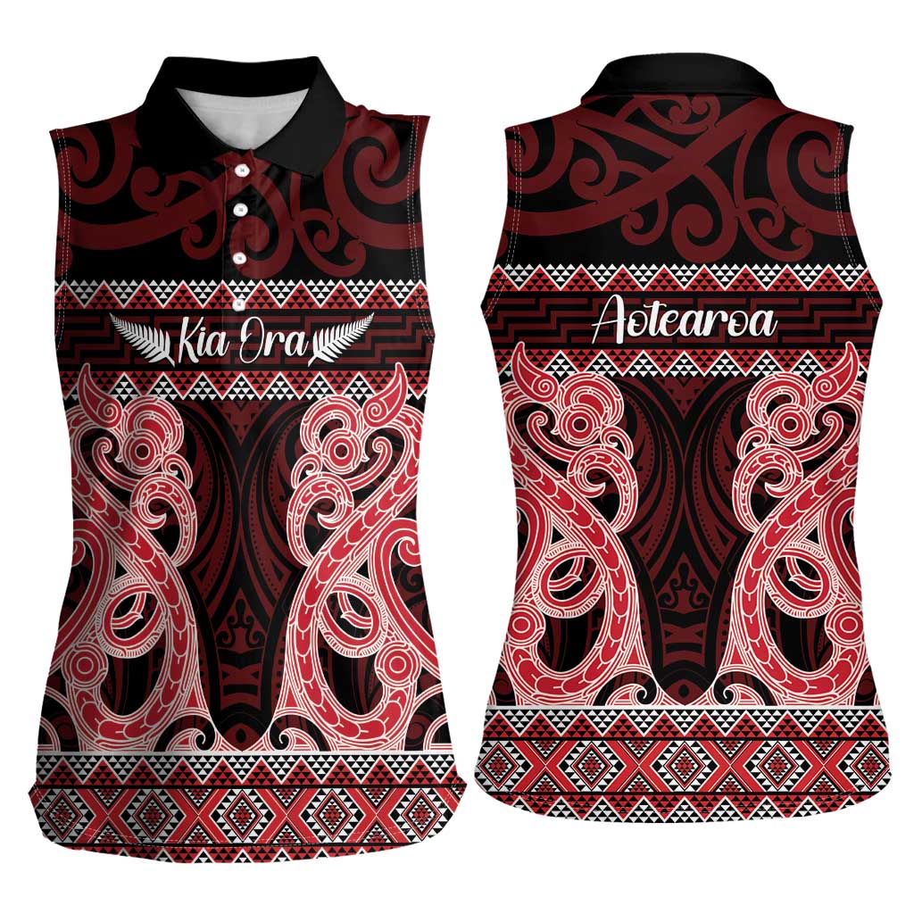 Kia Ora New Zealand Women Sleeveless Polo Shirt Maori Language Week Whero Taniko Motif - Polynesian Pride