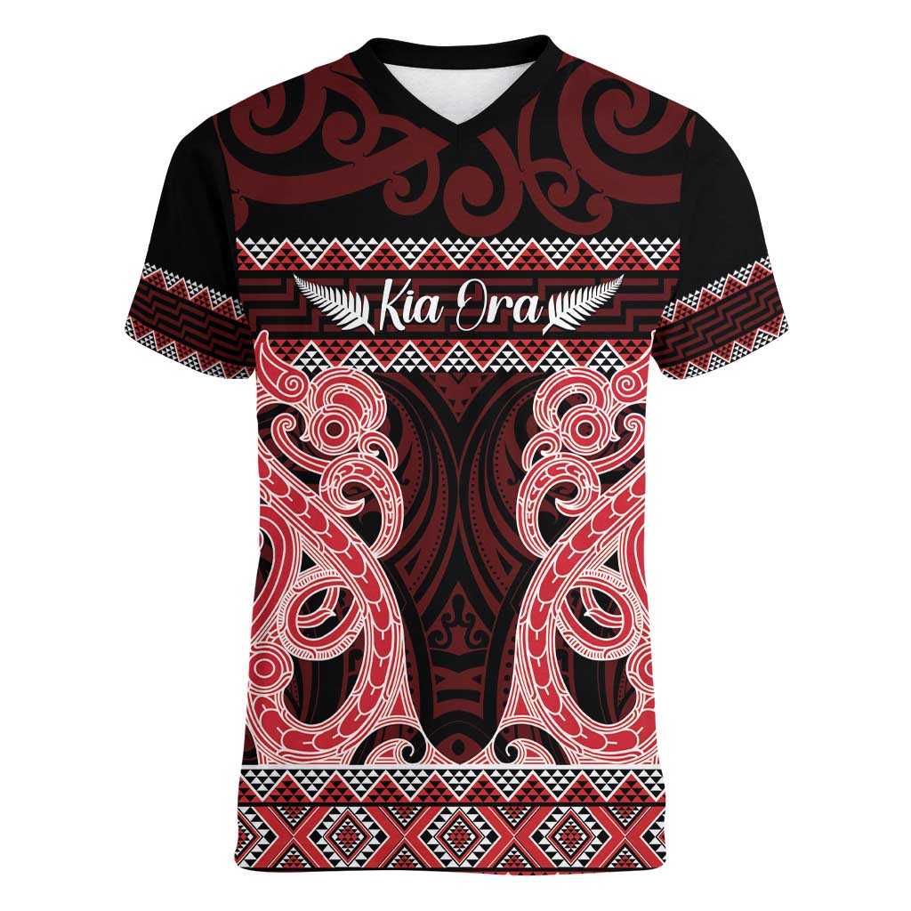 Kia Ora New Zealand Women V-Neck T-Shirt Maori Language Week Whero Taniko Motif - Polynesian Pride