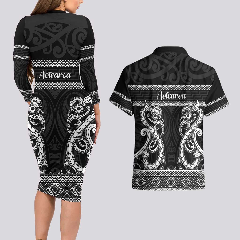Kia Ora New Zealand Couples Matching Long Sleeve Bodycon Dress and Hawaiian Shirt Maori Language Week Pango Taniko Motif - Polynesian Pride
