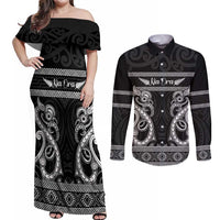 Kia Ora New Zealand Couples Matching Off Shoulder Maxi Dress and Long Sleeve Button Shirt Maori Language Week Pango Taniko Motif - Polynesian Pride