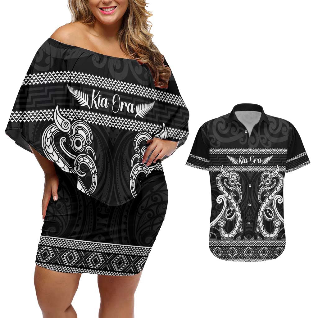 Kia Ora New Zealand Couples Matching Off Shoulder Short Dress and Hawaiian Shirt Maori Language Week Pango Taniko Motif - Polynesian Pride