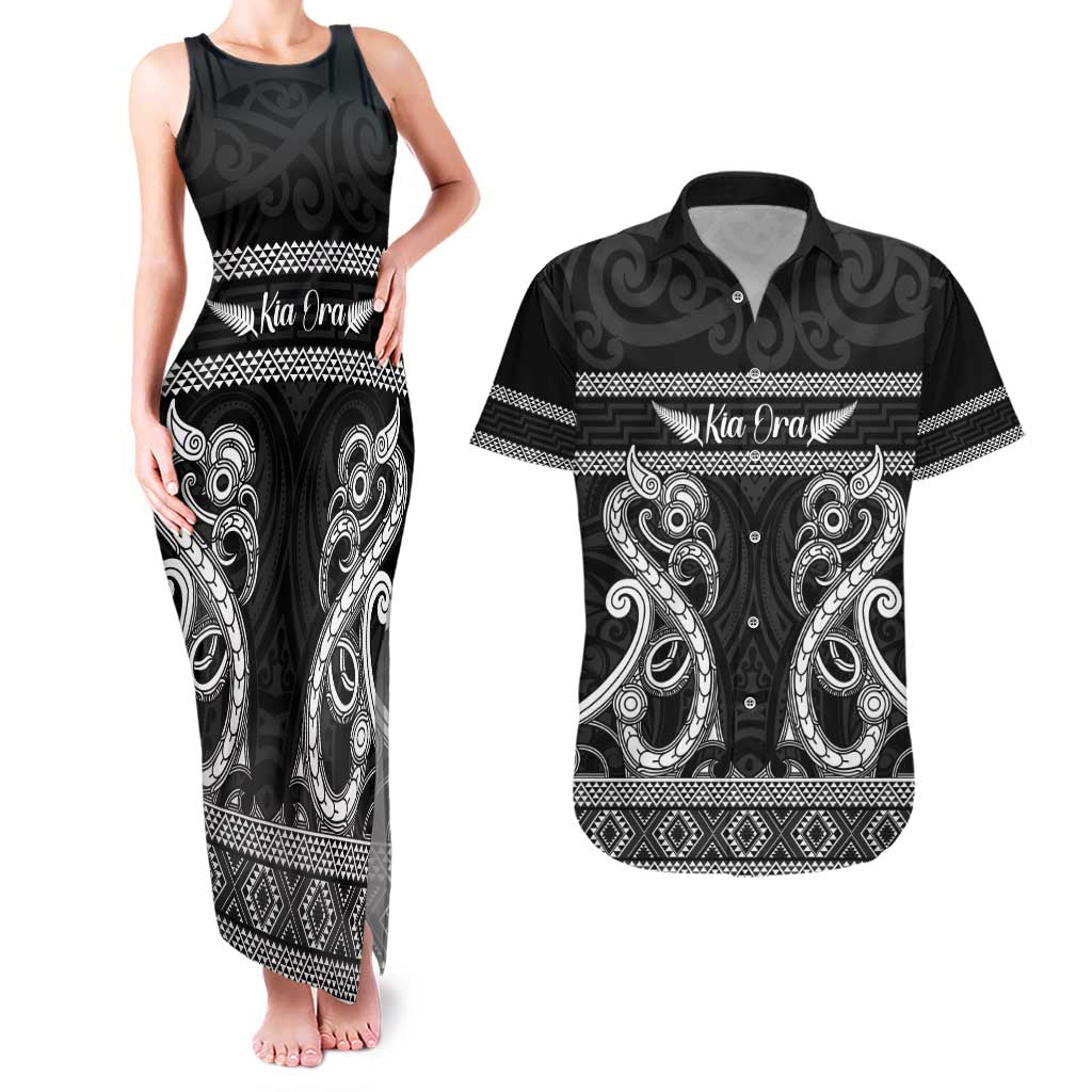 Kia Ora New Zealand Couples Matching Tank Maxi Dress and Hawaiian Shirt Maori Language Week Pango Taniko Motif - Polynesian Pride