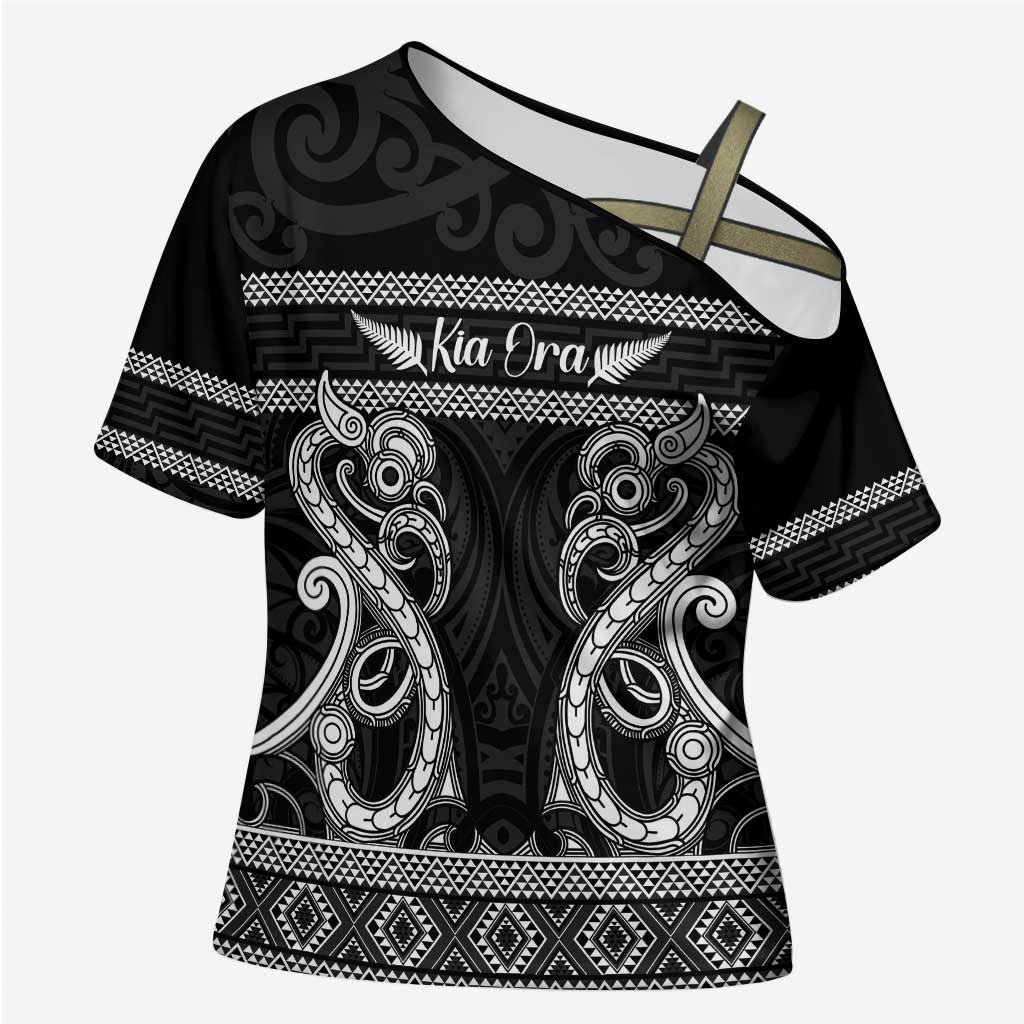Kia Ora New Zealand Cross Shoulder Shirt Maori Language Week Pango Taniko Motif - Polynesian Pride