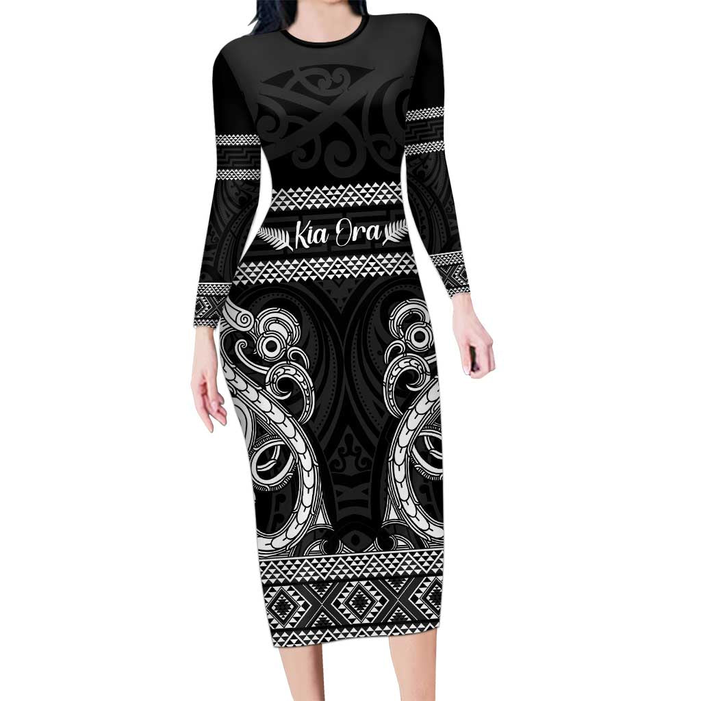 Kia Ora New Zealand Family Matching Long Sleeve Bodycon Dress and Hawaiian Shirt Maori Language Week Pango Taniko Motif - Polynesian Pride