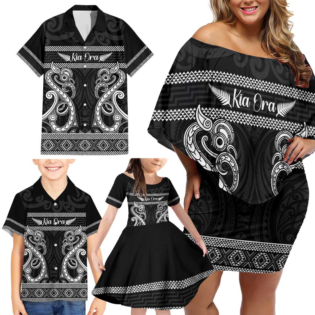 Kia Ora New Zealand Family Matching Off Shoulder Short Dress and Hawaiian Shirt Maori Language Week Pango Taniko Motif - Polynesian Pride
