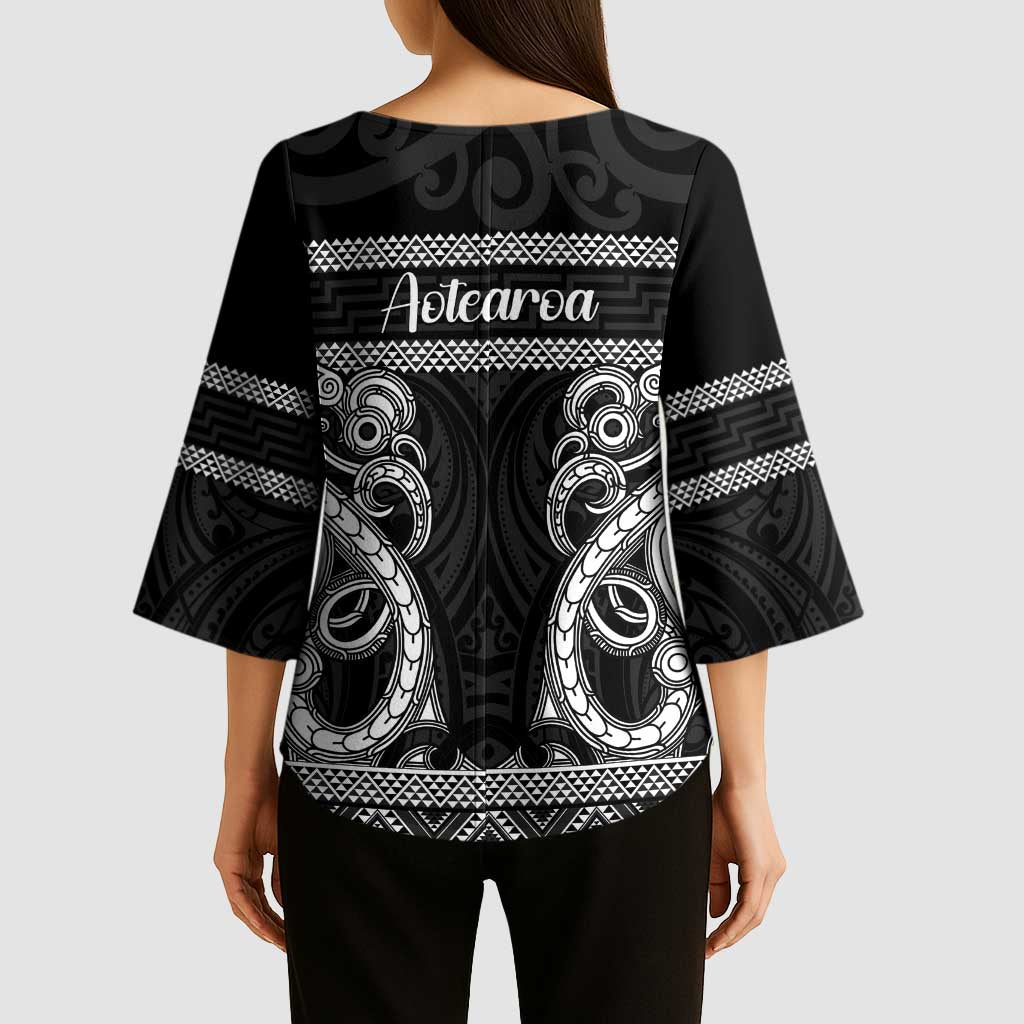 Kia Ora New Zealand Kimono Sleeve Blouse Maori Language Week Pango Taniko Motif - Polynesian Pride