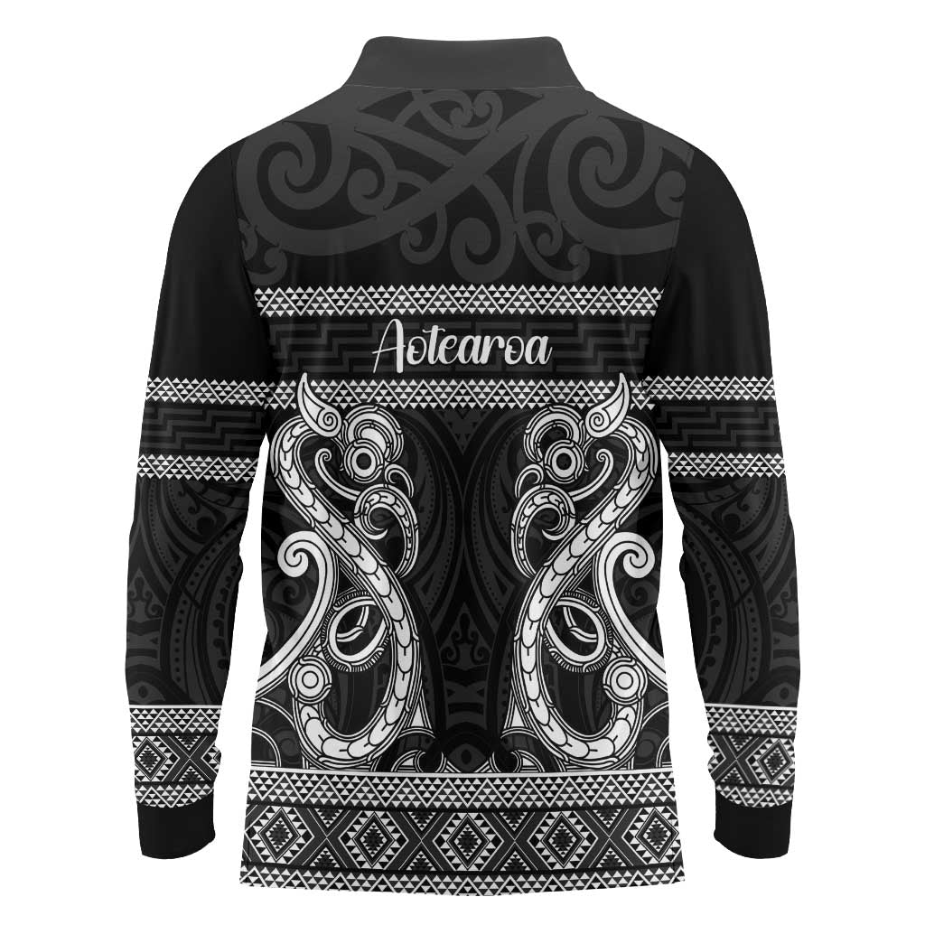 Kia Ora New Zealand Long Sleeve Polo Shirt Maori Language Week Pango Taniko Motif - Polynesian Pride