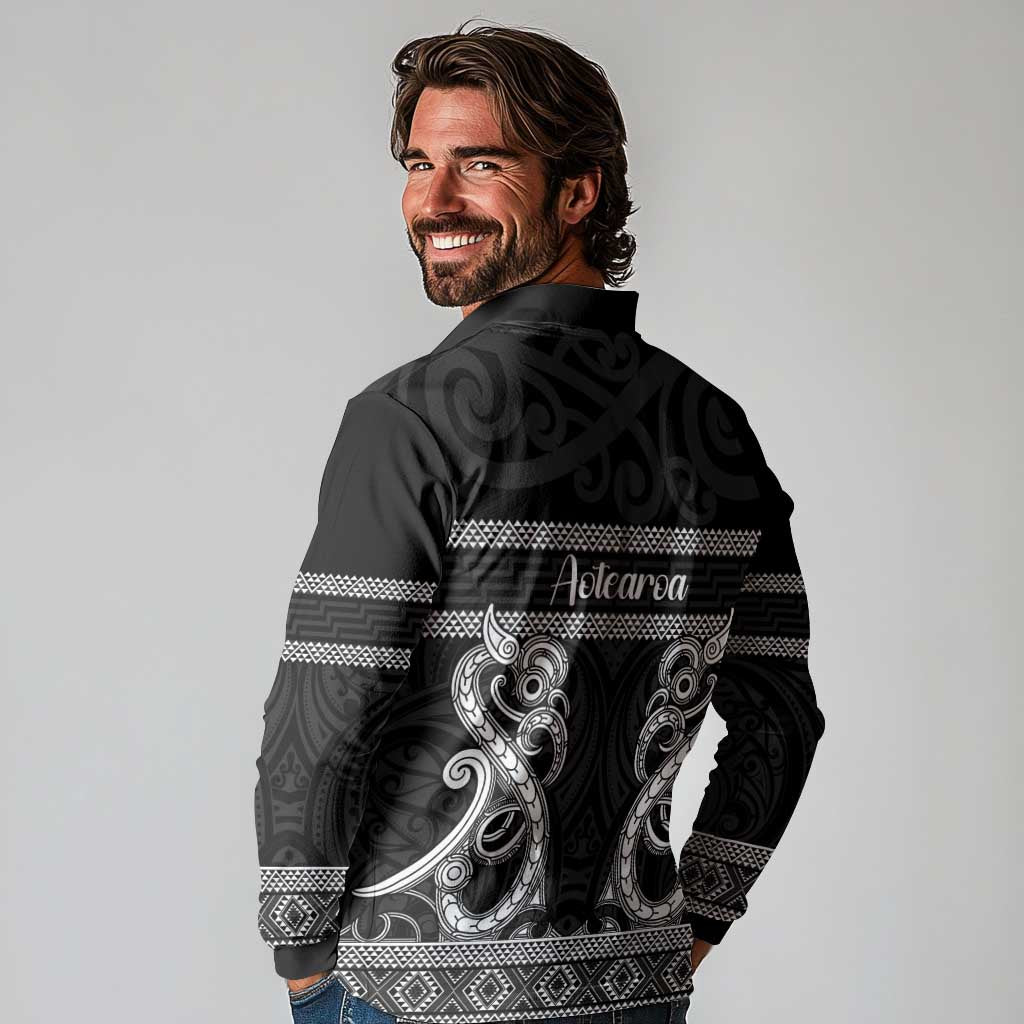 Kia Ora New Zealand Long Sleeve Polo Shirt Maori Language Week Pango Taniko Motif - Polynesian Pride