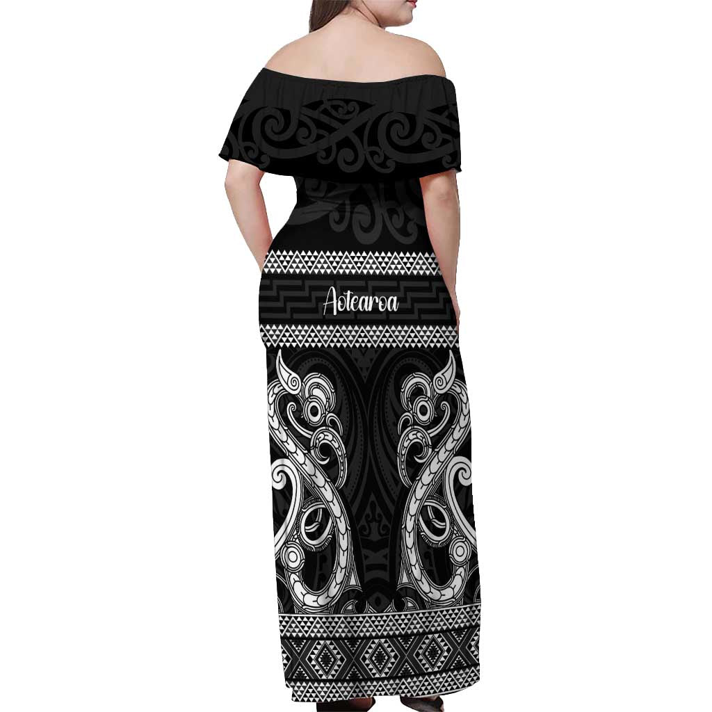 Kia Ora New Zealand Off Shoulder Maxi Dress Maori Language Week Pango Taniko Motif - Polynesian Pride