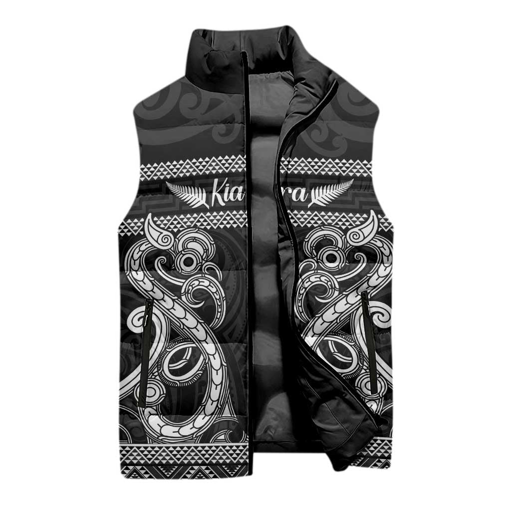 Kia Ora New Zealand Sleeveless Puffer Jacket Maori Language Week Pango Taniko Motif - Polynesian Pride