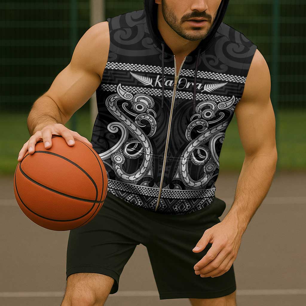 Kia Ora New Zealand Sleeveless Zip Hoodie Maori Language Week Pango Taniko Motif - Polynesian Pride