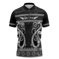 Kia Ora New Zealand Zipper Polo Shirt Maori Language Week Pango Taniko Motif - Polynesian Pride