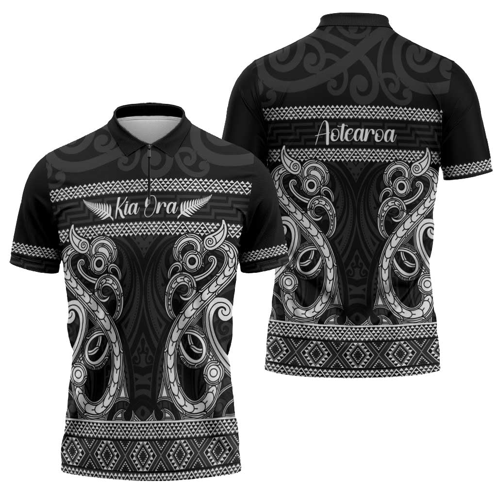 Kia Ora New Zealand Zipper Polo Shirt Maori Language Week Pango Taniko Motif - Polynesian Pride