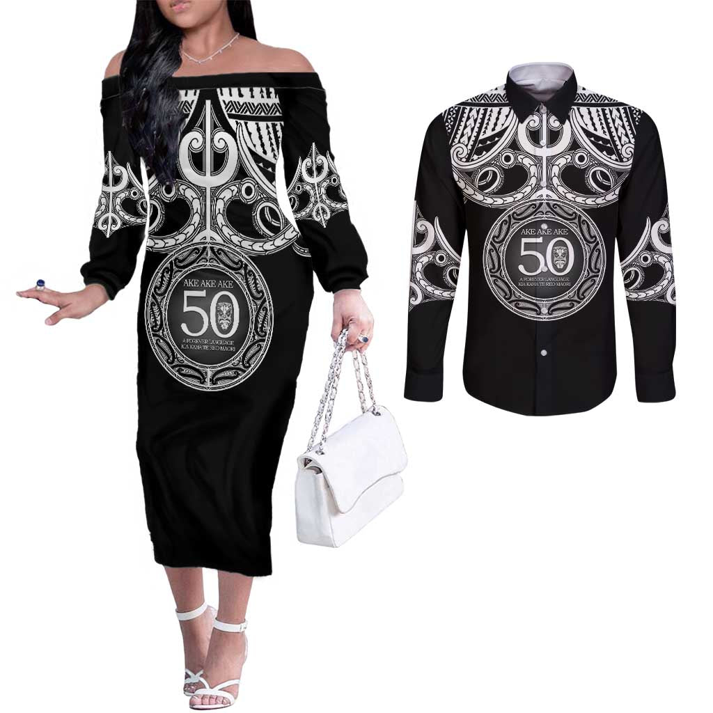 Kia Kaha Te Reo Maori New Zealand Couples Matching Off The Shoulder Long Sleeve Dress and Long Sleeve Button Shirt 50th Anniversary Ake Ake Ake - Polynesian Pride