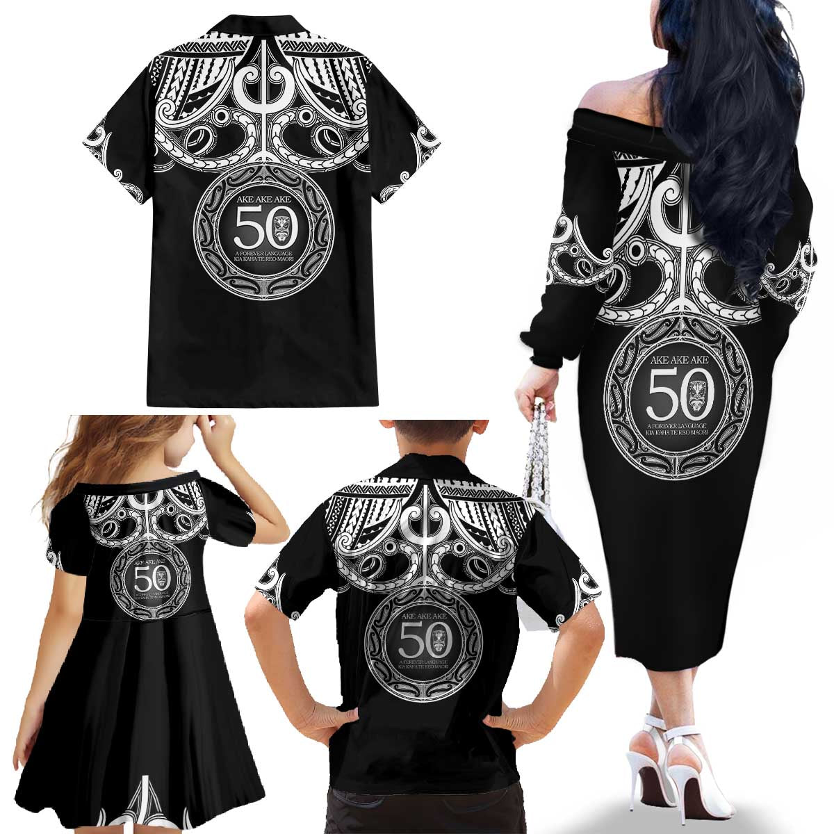 Kia Kaha Te Reo Maori New Zealand Family Matching Off The Shoulder Long Sleeve Dress and Hawaiian Shirt 50th Anniversary Ake Ake Ake - Polynesian Pride