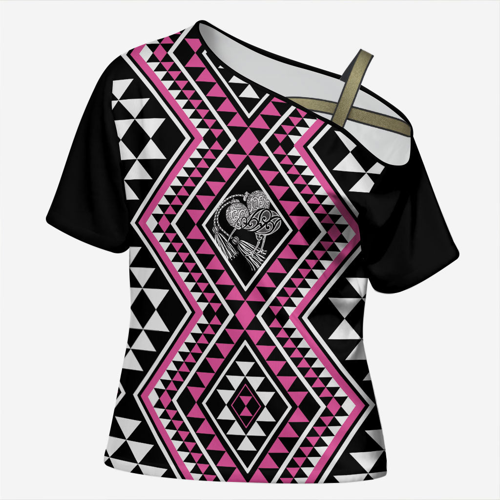New Zealand Mawhero Taniko Motifs Cross Shoulder Shirt Maori Poi Dance Costume Inspired LT14 Female Pink - Polynesian Pride
