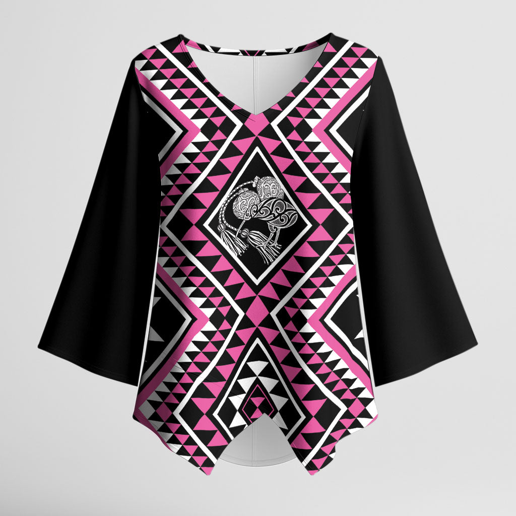 New Zealand Mawhero Taniko Motifs Kimono Sleeve Blouse Maori Poi Dance Costume Inspired LT14 Female Pink - Polynesian Pride