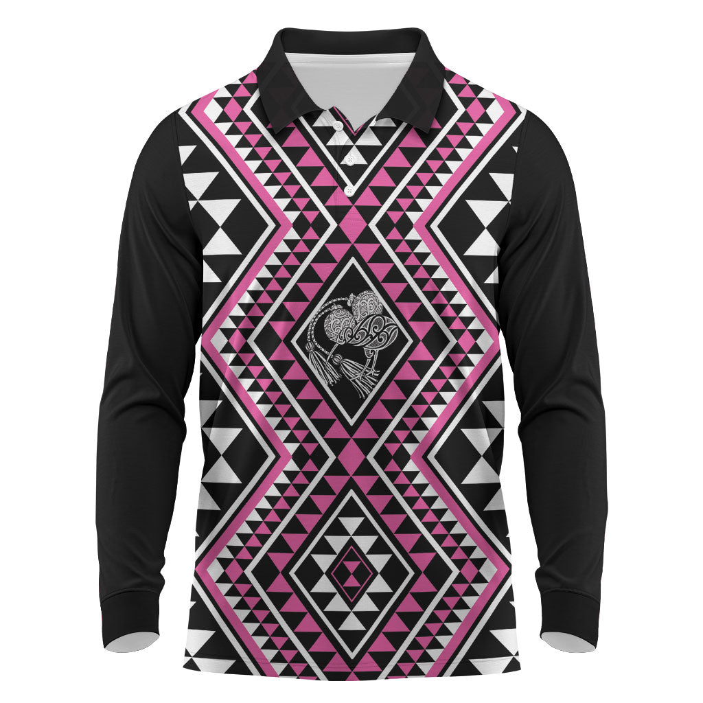 New Zealand Mawhero Taniko Motifs Long Sleeve Polo Shirt Maori Poi Dance Costume Inspired LT14 Pink - Polynesian Pride