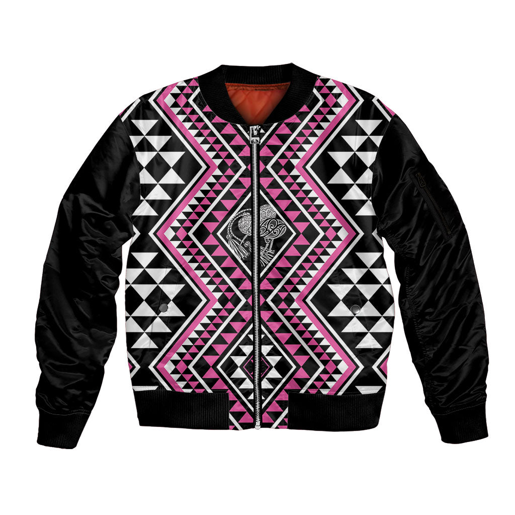New Zealand Mawhero Taniko Motifs Sleeve Zip Bomber Jacket Maori Poi Dance Costume Inspired LT14 Unisex Pink - Polynesian Pride