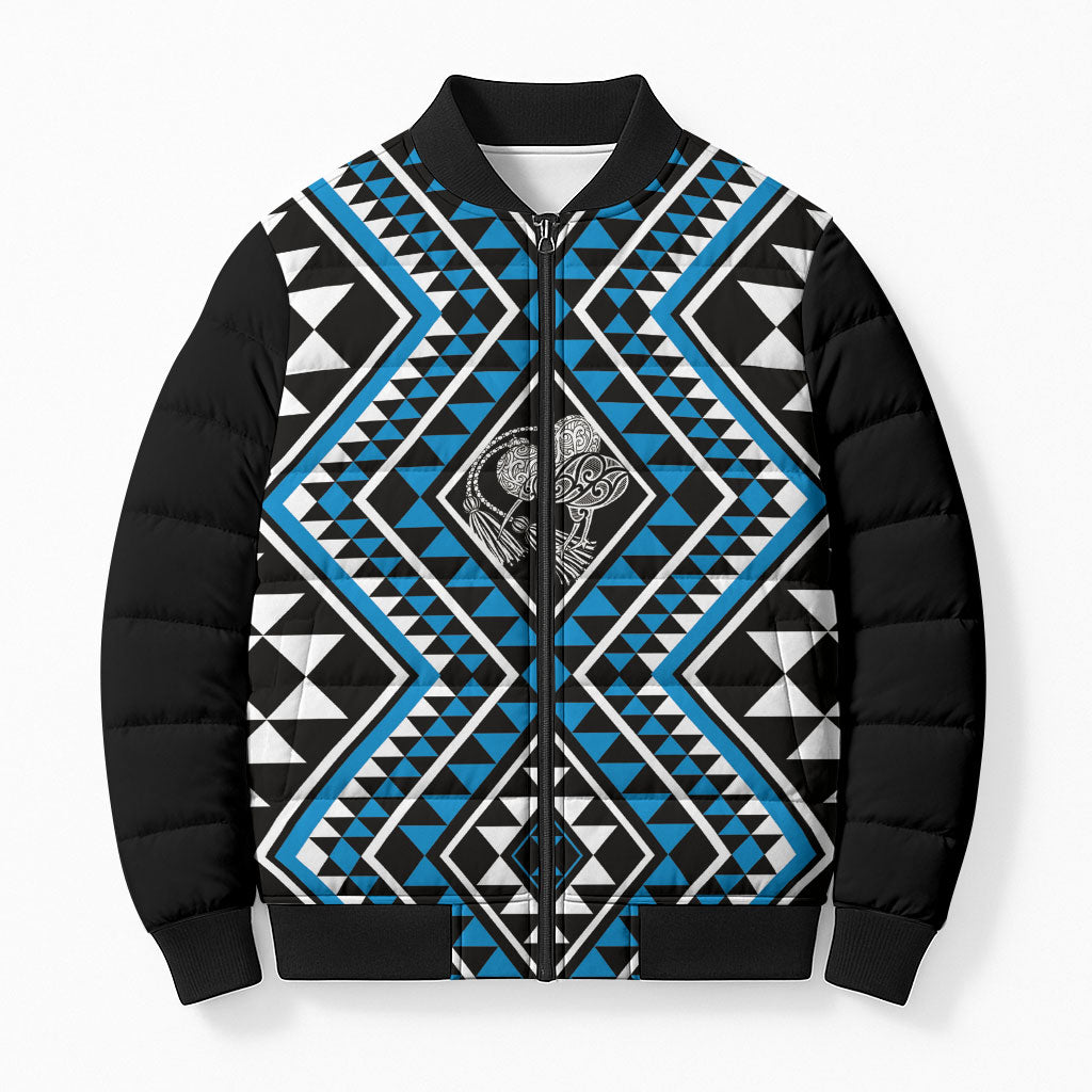 New Zealand Kikorangi Taniko Motifs Bomber Puffer Jacket Maori Poi Dance Costume Inspired LT14 Unisex Blue - Polynesian Pride