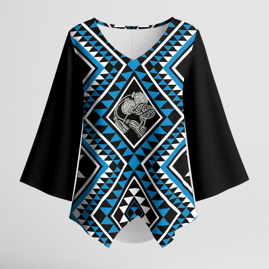 New Zealand Kikorangi Taniko Motifs Kimono Sleeve Blouse Maori Poi Dance Costume Inspired LT14 Female Blue - Polynesian Pride