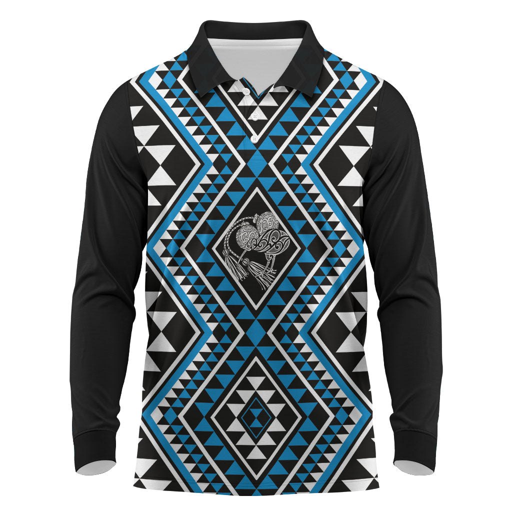 New Zealand Kikorangi Taniko Motifs Long Sleeve Polo Shirt Maori Poi Dance Costume Inspired LT14 Blue - Polynesian Pride
