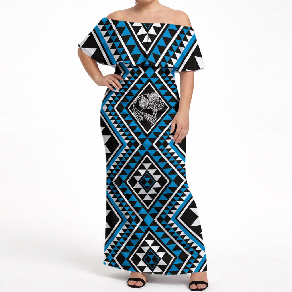 New Zealand Kikorangi Taniko Motifs Off Shoulder Maxi Dress Maori Poi Dance Costume Inspired LT14 Women Blue - Polynesian Pride