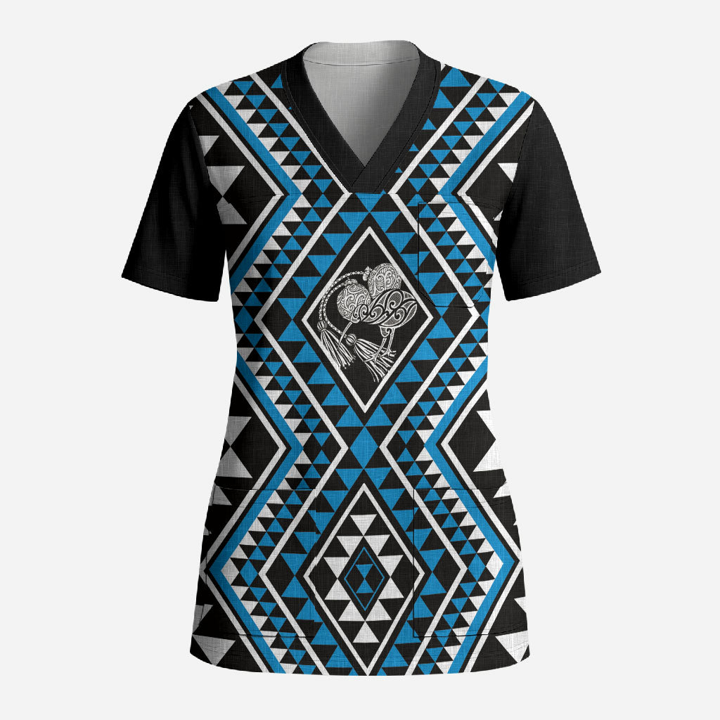 New Zealand Kikorangi Taniko Motifs Scrub Top Maori Poi Dance Costume Inspired LT14 Adult Blue - Polynesian Pride