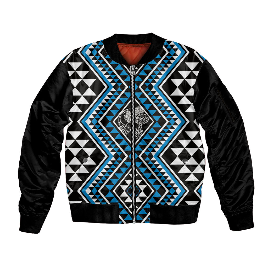New Zealand Kikorangi Taniko Motifs Sleeve Zip Bomber Jacket Maori Poi Dance Costume Inspired LT14 Unisex Blue - Polynesian Pride