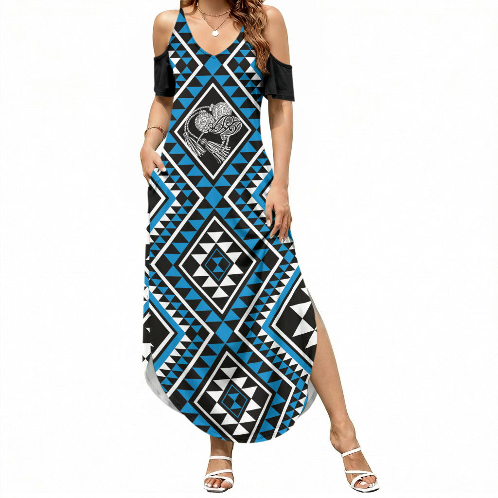 New Zealand Kikorangi Taniko Motifs Summer Maxi Dress Maori Poi Dance Costume Inspired LT14 Women Blue - Polynesian Pride