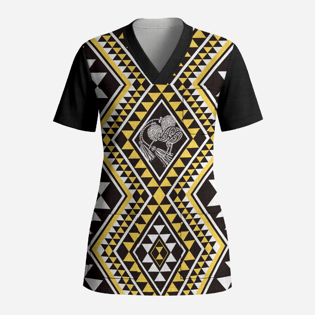 New Zealand Kowhai Taniko Motifs Scrub Top Maori Poi Dance Costume Inspired LT14 Adult Yellow - Polynesian Pride