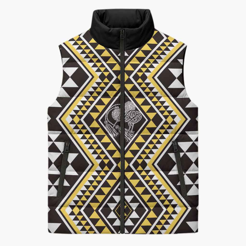 New Zealand Kowhai Taniko Motifs Sleeveless Puffer Jacket Maori Poi Dance Costume Inspired LT14 Unisex Yellow - Polynesian Pride