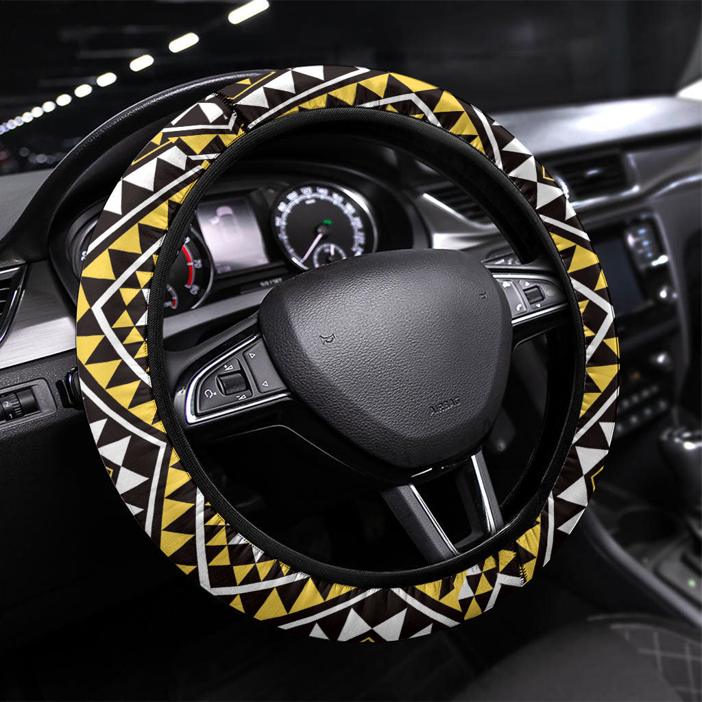 New Zealand Kowhai Taniko Motifs Steering Wheel Cover Maori Poi Dance Costume Inspired LT14 Universal Fit Yellow - Polynesian Pride