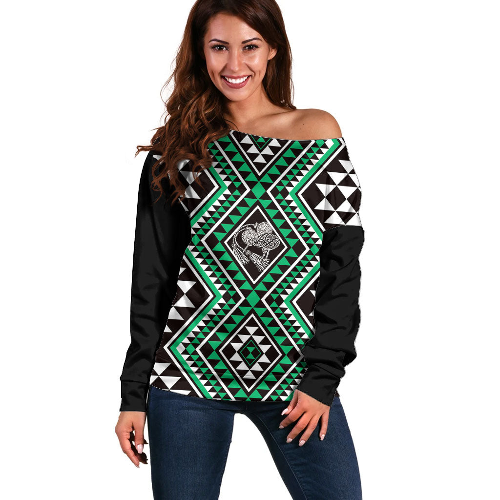 New Zealand Kakariki Taniko Motifs Off Shoulder Sweater Maori Poi Dance Costume Inspired LT14 Women Green - Polynesian Pride