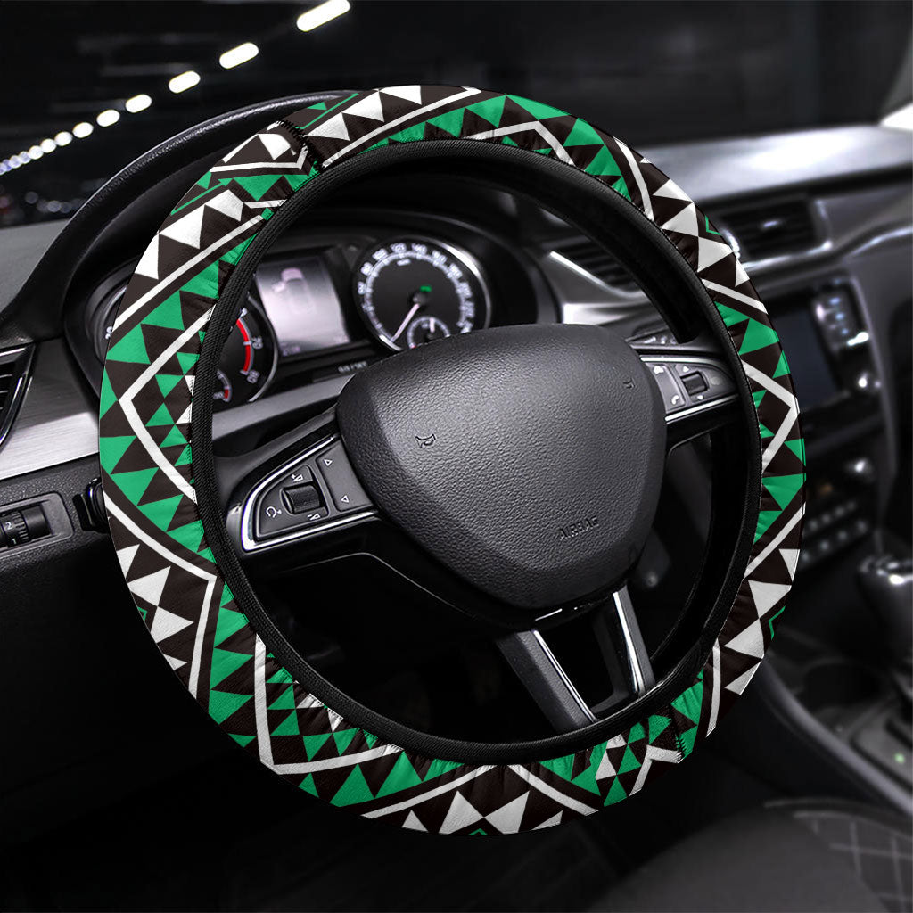 New Zealand Kakariki Taniko Motifs Steering Wheel Cover Maori Poi Dance Costume Inspired LT14 Universal Fit Green - Polynesian Pride