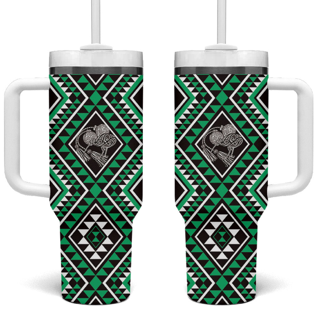 New Zealand Kakariki Taniko Motifs Tumbler With Handle Maori Poi Dance Costume Inspired LT14 One Size: 40 oz Green - Polynesian Pride