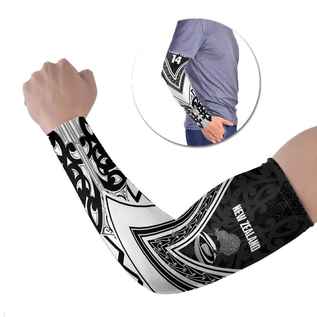 New Zealand Silver Fern Rugby Custom Arm Sleeves Go Wheel Kiwi Maori Pattern LT14 Set of 2 White - Polynesian Pride