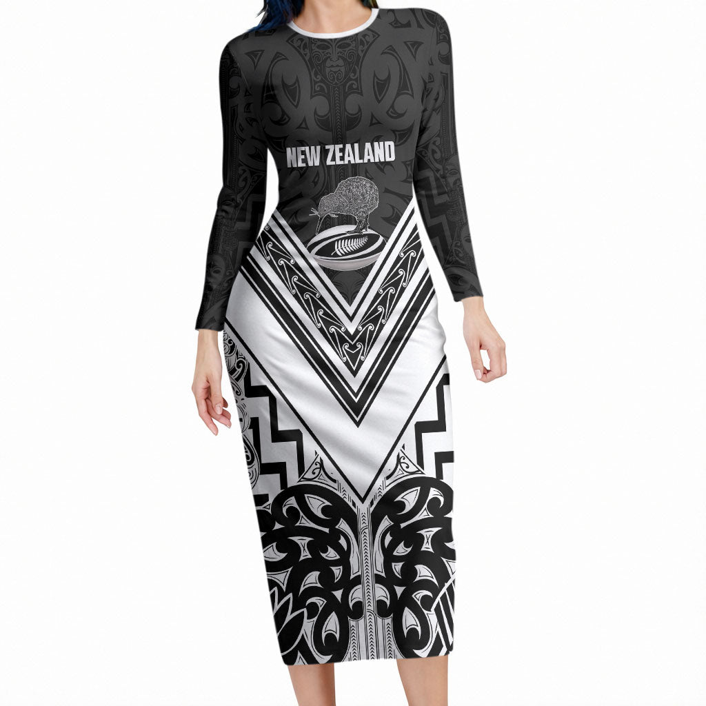 New Zealand Silver Fern Rugby Custom Long Sleeve Bodycon Dress Go Wheel Kiwi Maori Pattern LT14 Long Dress White - Polynesian Pride