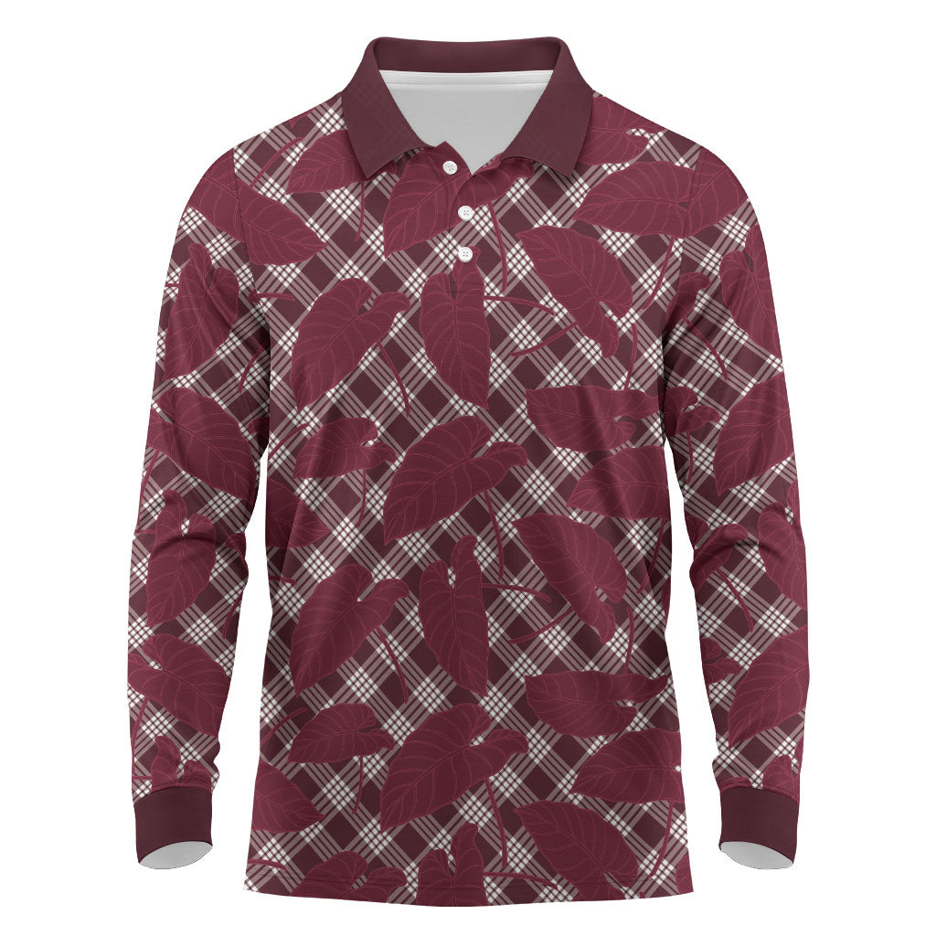 Burgundy Hawaii Kalo Palaka Motifs Long Sleeve Polo Shirt Hawaiian Taro Leaves Elegant Vibes LT14 Burgundy - Polynesian Pride