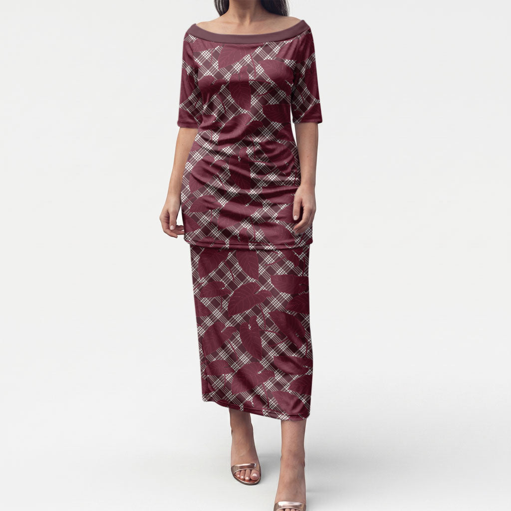 Burgundy Hawaii Kalo Palaka Motifs Puletasi Hawaiian Taro Leaves Elegant Vibes LT14 Long Dress Burgundy - Polynesian Pride