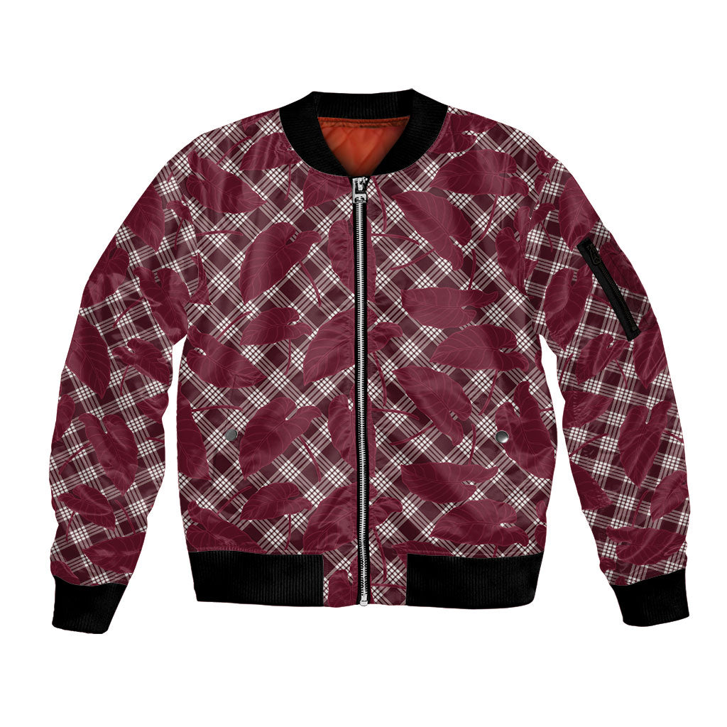 Burgundy Hawaii Kalo Palaka Motifs Sleeve Zip Bomber Jacket Hawaiian Taro Leaves Elegant Vibes LT14 Unisex Burgundy - Polynesian Pride