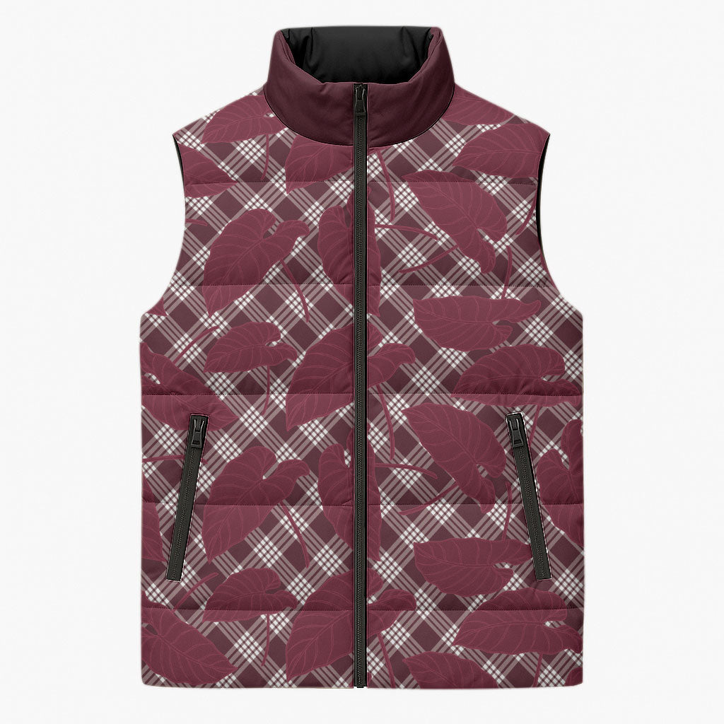 Burgundy Hawaii Kalo Palaka Motifs Sleeveless Puffer Jacket Hawaiian Taro Leaves Elegant Vibes LT14 Unisex Burgundy - Polynesian Pride